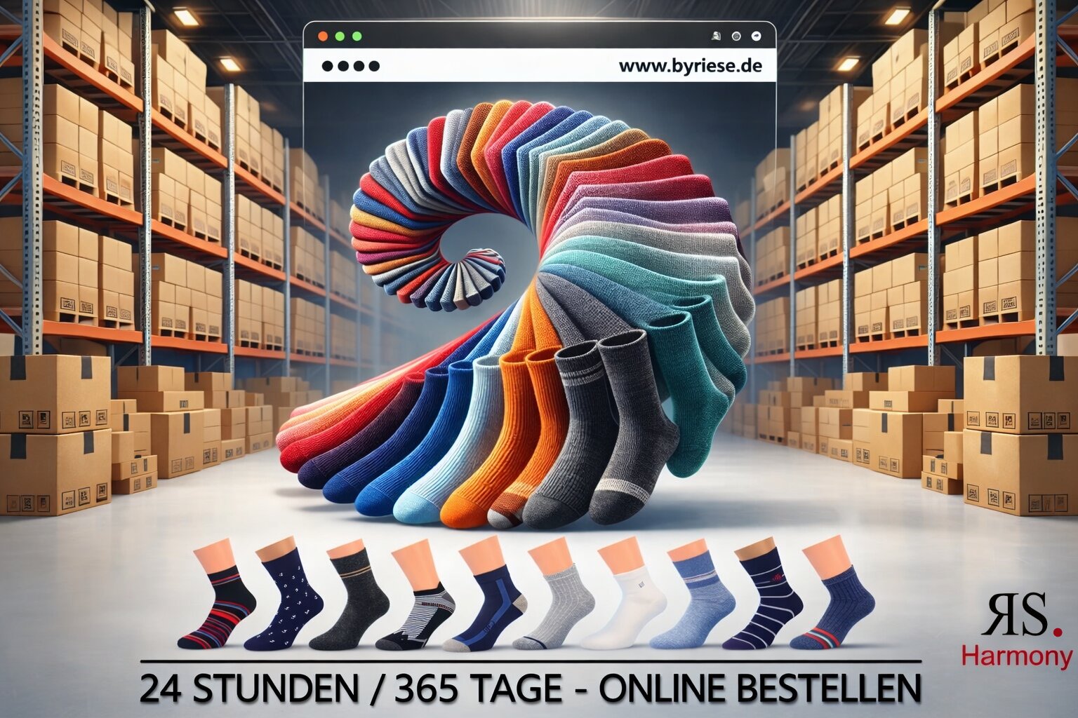 by Riese GmbH & Co. KG Titelbild RS Harmony - Titelbild der Startseite von by Riese GmbH & Co. KG - Socken und Underwear. Ein Mann zieht sich einen schwarzen Socken über den Fuß. Im Hintergrund stehen im verschwommenen seine Schuhe.